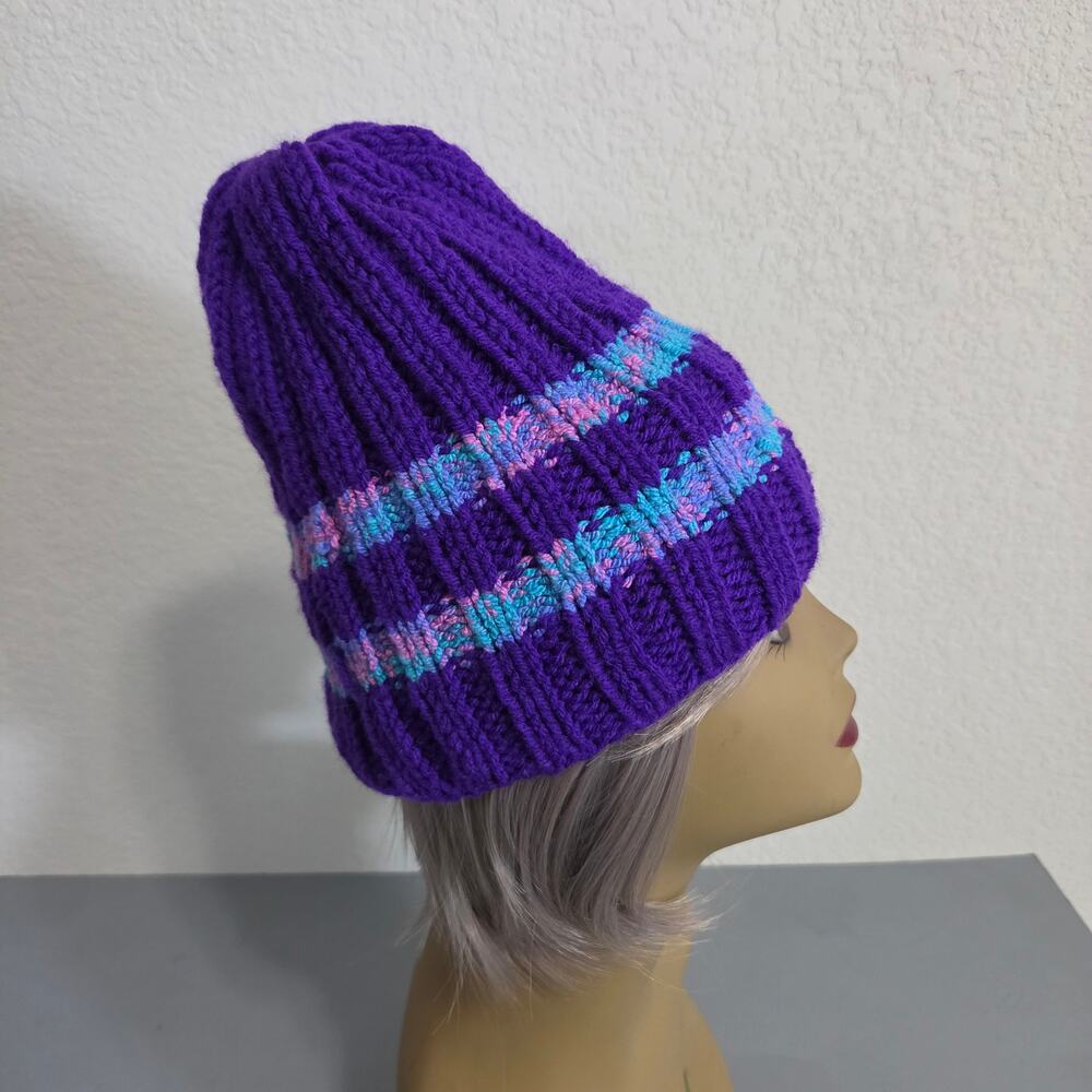 Handmade Knit Beanie Womens One Size Purple Stripe Ribbed Winter Hat Casual fall
